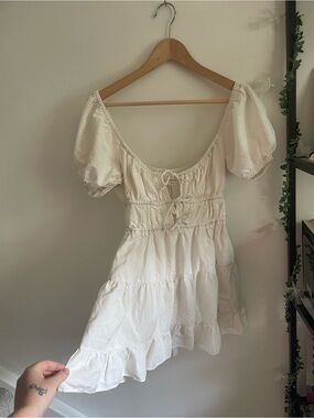 Cream Ren Faire Fairy Milkmaid Linen-Blend Puff-Sleeve Tie-Front Mini Dress S